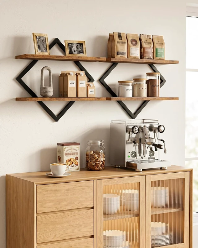 Alt view image 3 of 7 - Floating Shelves, Set of 2 Wall Shelves, 2-Tier Hanging Shelves, Wall Shelf Set of 2, Wall Mounted Shelves, for Living Room, Bedroom, Kitchen, Office, Study, Rustic Brown TBJ01P2BF