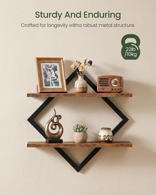 Alt view image 4 of 7 - Floating Shelves, Set of 2 Wall Shelves, 2-Tier Hanging Shelves, Wall Shelf Set of 2, Wall Mounted Shelves, for Living Room, Bedroom, Kitchen, Office, Study, Rustic Brown TBJ01P2BF