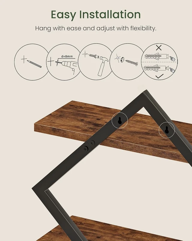 Alt view image 5 of 7 - Floating Shelves, Set of 2 Wall Shelves, 2-Tier Hanging Shelves, Wall Shelf Set of 2, Wall Mounted Shelves, for Living Room, Bedroom, Kitchen, Office, Study, Rustic Brown TBJ01P2BF