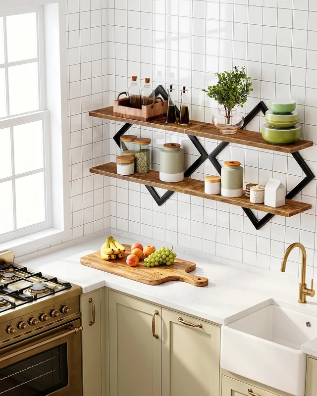 Alt view image 6 of 7 - Floating Shelves, Set of 2 Wall Shelves, 2-Tier Hanging Shelves, Wall Shelf Set of 2, Wall Mounted Shelves, for Living Room, Bedroom, Kitchen, Office, Study, Rustic Brown TBJ01P2BF