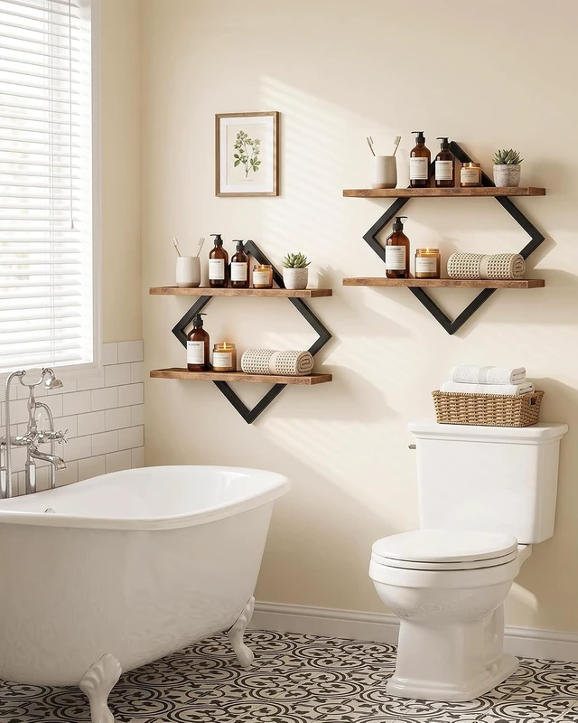 Alt view image 7 of 7 - Floating Shelves, Set of 2 Wall Shelves, 2-Tier Hanging Shelves, Wall Shelf Set of 2, Wall Mounted Shelves, for Living Room, Bedroom, Kitchen, Office, Study, Rustic Brown TBJ01P2BF