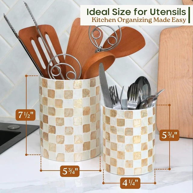 Alt view image 2 of 7 - 7.4"+5.8" Capiz Ivory Checkered Cooking Utensil Holder Set 2