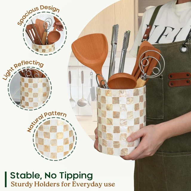 Alt view image 3 of 7 - 7.4"+5.8" Capiz Ivory Checkered Cooking Utensil Holder Set 2