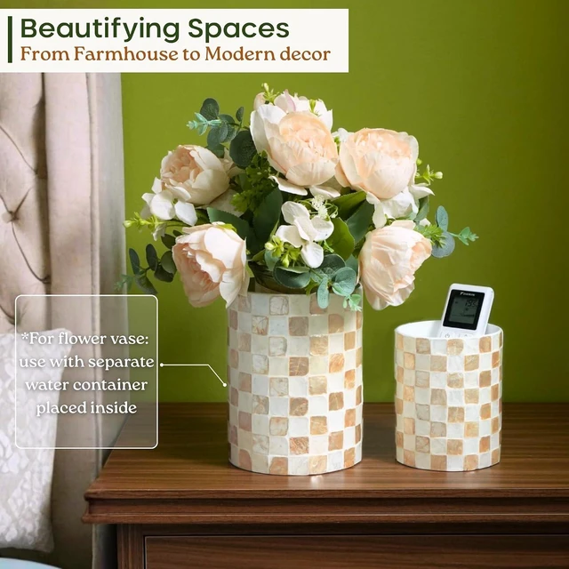 Alt view image 4 of 7 - 7.4"+5.8" Capiz Ivory Checkered Cooking Utensil Holder Set 2