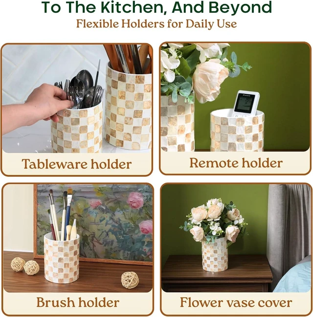 Alt view image 5 of 7 - 7.4"+5.8" Capiz Ivory Checkered Cooking Utensil Holder Set 2