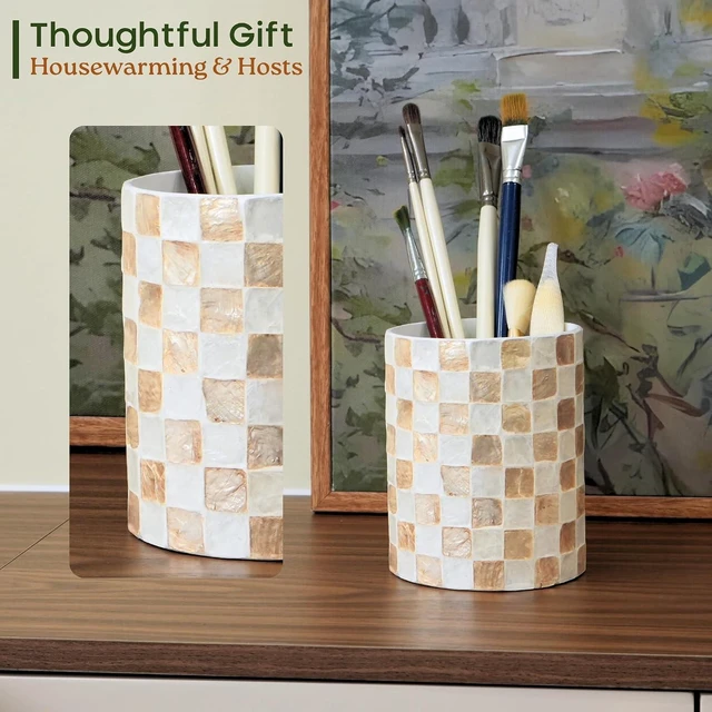 Alt view image 7 of 7 - 7.4"+5.8" Capiz Ivory Checkered Cooking Utensil Holder Set 2