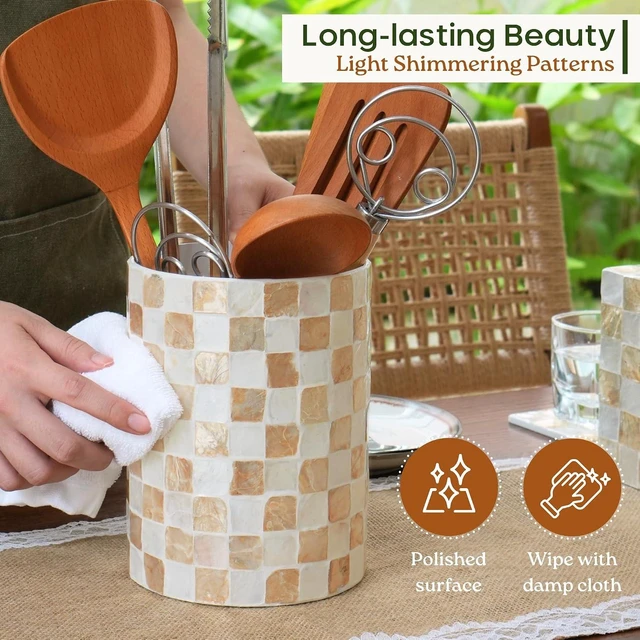 Alt view image 6 of 7 - 7.4"+5.8" Capiz Ivory Checkered Cooking Utensil Holder Set 2