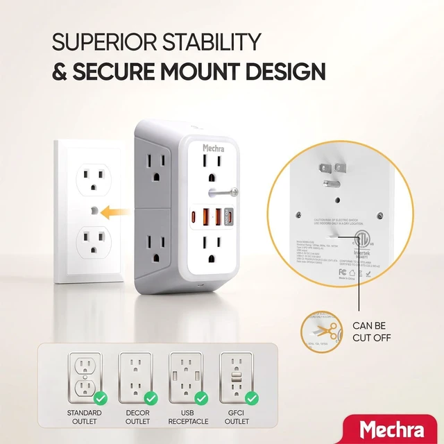 Alt view image 6 of 7 - 10-in-1 Wall Outlet Extender with 30W PD Fast Charging, Multi Plug Surge Protector (1050J) with Night Light, 6 Wide Spaced AC Outlets, 4 USB Ports, Wall Charger for Home Office Travel