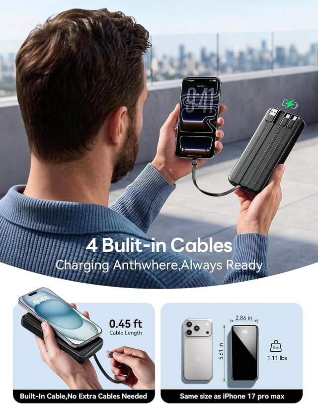 Alt view image 4 of 7 - 50000mAh Portable Charger, Built-in 4 Cables,22.5W Fast Charging Power Bank