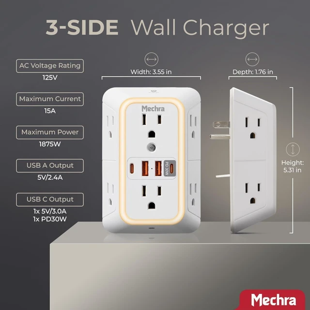Alt view image 4 of 7 - 10-in-1 Wall Outlet Extender with 30W PD Fast Charging, Multi Plug Surge Protector (1050J) with Night Light, 6 Wide Spaced AC Outlets, 4 USB Ports, Wall Charger for Home Office Travel