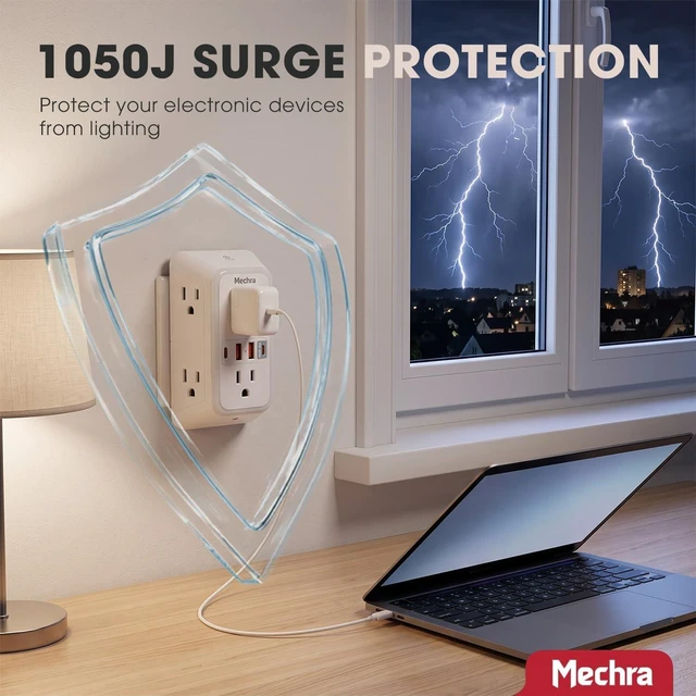 Alt view image 5 of 7 - 10-in-1 Wall Outlet Extender with 30W PD Fast Charging, Multi Plug Surge Protector (1050J) with Night Light, 6 Wide Spaced AC Outlets, 4 USB Ports, Wall Charger for Home Office Travel