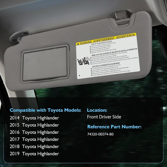 Alt view image 2 of 7 - Sun Visor Driver Side for 2014-2019 Toyota Highlander, Gray Left Side Car Visor with Light Mirror,Replacement#74320-0E074-B0