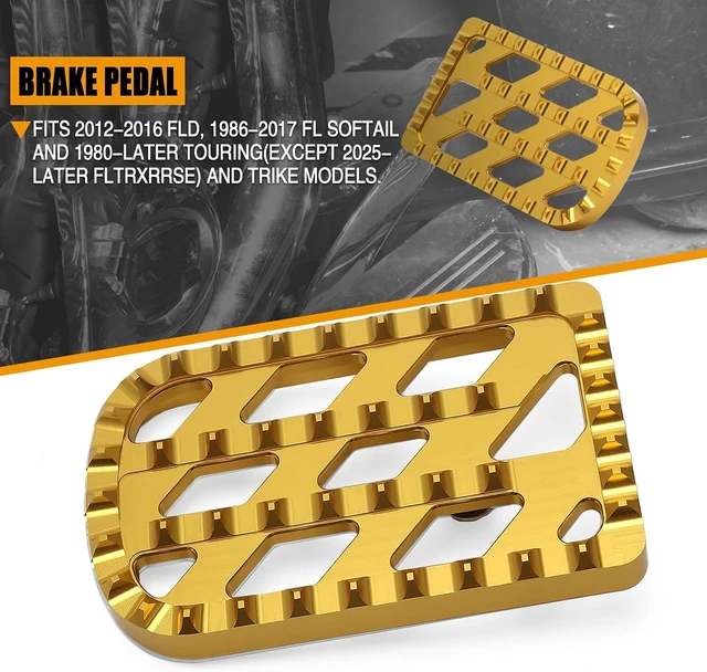 Alt view image 2 of 7 - Motorcycle Brake Pedal Cover MX Style for Harley 1980-2024 Touring Road King Electra Glide 1986-2017 FL Softail Fat Boy Heritage 2012-2016 Dyna FLD (Gold)