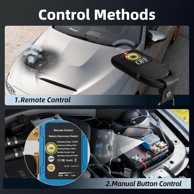Alt view image 4 of 7 - 12V/24V 240A Remote Battery Disconnect Switch, Anti-Interference Kill Power Cut Off Switch with Voltage Protection for Car Truck RV Marine Boat