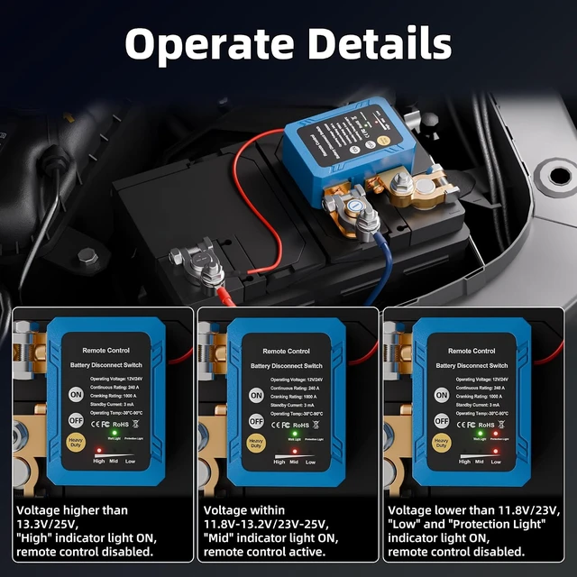 Alt view image 6 of 7 - 12V/24V 240A Remote Battery Disconnect Switch, Anti-Interference Kill Power Cut Off Switch with Voltage Protection for Car Truck RV Marine Boat