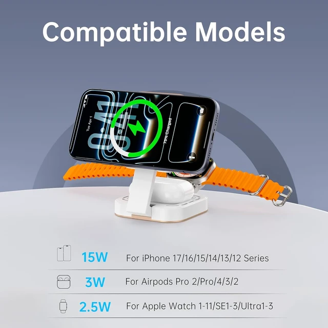 Alt view image 3 of 7 - 3 in 1 Mini Foldable Charging Station for Devices, Wireless Charger Stand for Magsafe for iPhone 17/Air/16/15/14/13/12 Series, Watch Series, AirPods pro/2/3/4, Gifts for Women Men (Golden)