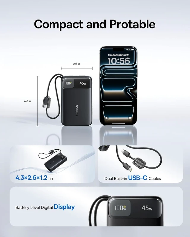 Alt view image 2 of 7 - 20000mAh Compact Portable Charger 45W, CCC Certified Power Bank Built-in USB-C Cables, Travel Essential PD Fast Charging Battery Pack for iPhone 18/17/16 Series Galaxy S25/S24 Ultra Google iPad