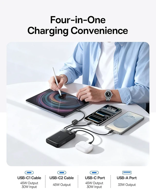 Alt view image 6 of 7 - 20000mAh Compact Portable Charger 45W, CCC Certified Power Bank Built-in USB-C Cables, Travel Essential PD Fast Charging Battery Pack for iPhone 18/17/16 Series Galaxy S25/S24 Ultra Google iPad