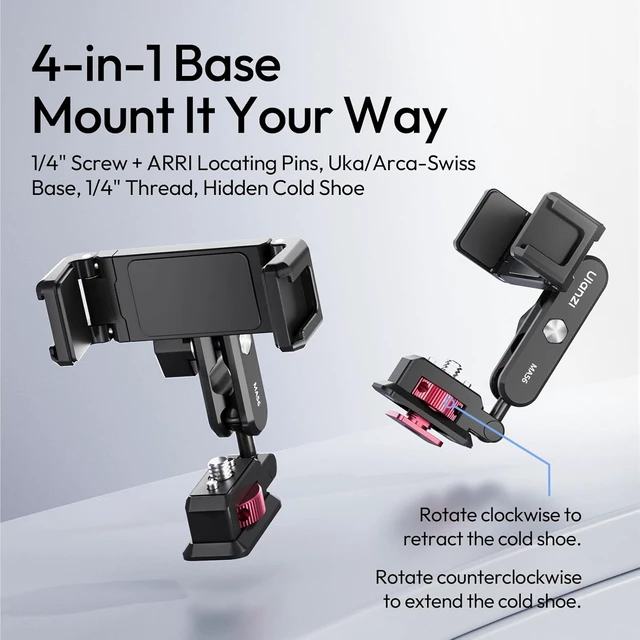 Alt view image 2 of 7 - MA56 4-in-1 Metal Phone Tripod Mount with Cold Shoe & Arca Swiss Plate, 360° Adjustable Hot Shoe Camera Phone Mount for iPhone, Compact All-in-One Adapter for Smartphone Photography & Video