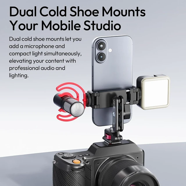 Alt view image 4 of 7 - MA56 4-in-1 Metal Phone Tripod Mount with Cold Shoe & Arca Swiss Plate, 360° Adjustable Hot Shoe Camera Phone Mount for iPhone, Compact All-in-One Adapter for Smartphone Photography & Video