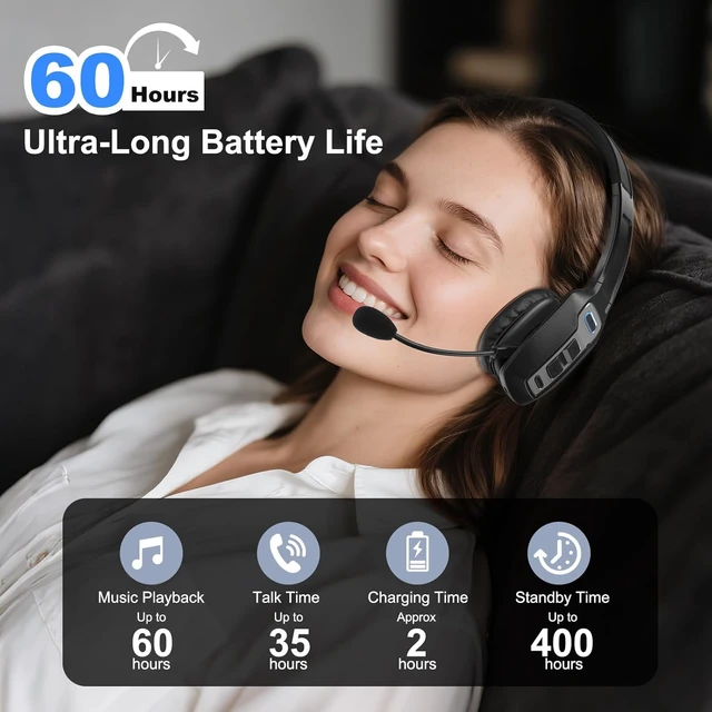 Alt view image 3 of 7 - Bluetooth Headset for Truck Drivers, Single Ear Wireless Headphones with Mic Noise Cancelling, Mute Button, Hands-Free, 60H Playtime for Call Center, Office, Cell Phone