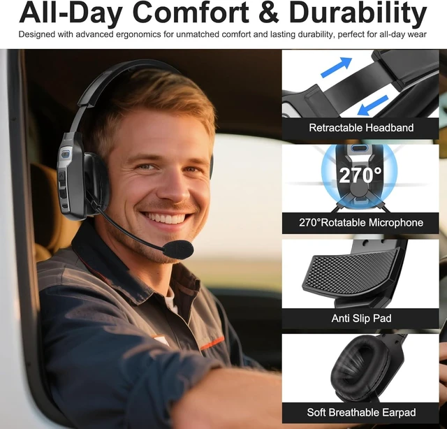 Alt view image 4 of 7 - Bluetooth Headset for Truck Drivers, Single Ear Wireless Headphones with Mic Noise Cancelling, Mute Button, Hands-Free, 60H Playtime for Call Center, Office, Cell Phone