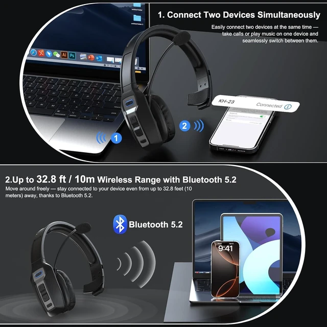 Alt view image 5 of 7 - Bluetooth Headset for Truck Drivers, Single Ear Wireless Headphones with Mic Noise Cancelling, Mute Button, Hands-Free, 60H Playtime for Call Center, Office, Cell Phone