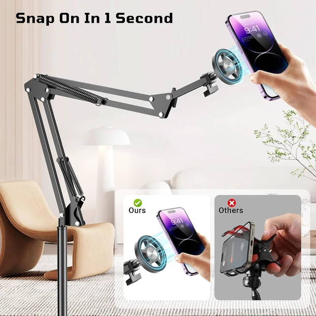Alt view image 2 of 7 - Floor Magnetic Phone Holder for Bed Laying Down, Adjustable Bedside Phone Stand for iPhone Magsafe, Headboard Cell Phone Mount for Reading