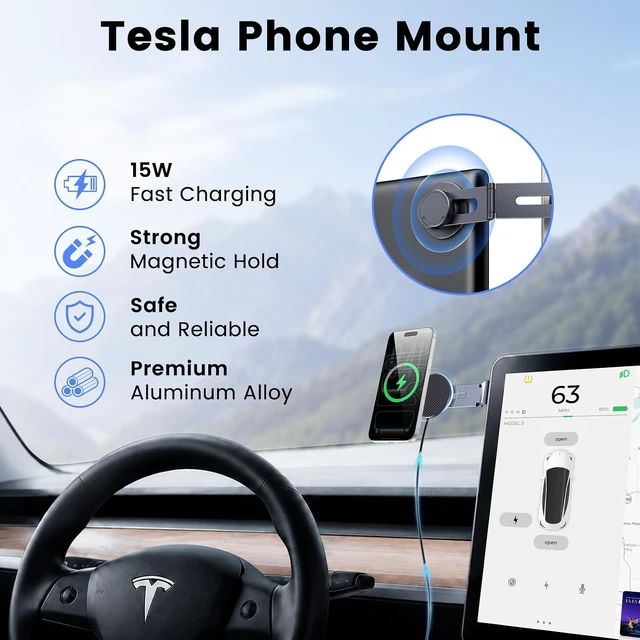 Alt view image 3 of 7 - Tesla Phone Mount with 15W Fast Charging, Foldable Hidden Car Holder for Tesla Model 3 / Y/Cybertruck, 360° Rotatable Dashboard Screen Bracket with Ultra-Strong N52 Magnets