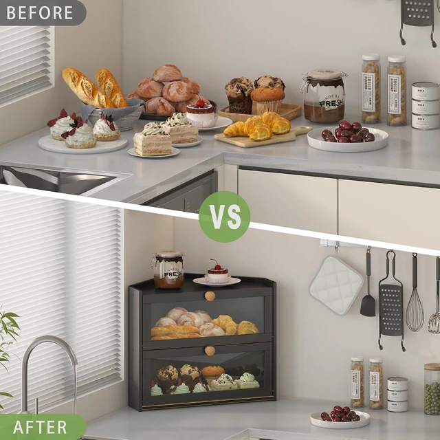 Alt view image 3 of 7 - Corner Bread Box for Kitchen Countertop Bamboo Bread Holder