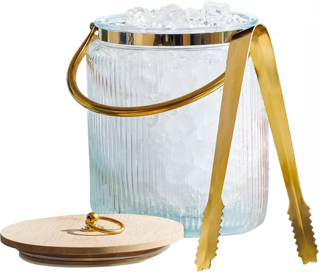 Main image of Glass Ice Bucket with Airtight Lid, Tong Scooper and Handle - 3L Ribbed Beverage Tub Cocktail Home Bar Accessories, Wine, Beer Chiller for Parties, Champagne Drink Cooler Hinged Handles