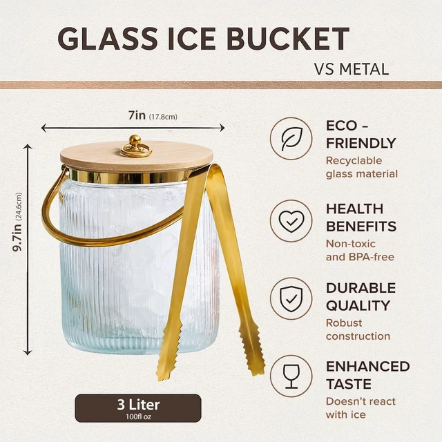 Alt view image 4 of 7 - Glass Ice Bucket with Airtight Lid, Tong Scooper and Handle - 3L Ribbed Beverage Tub Cocktail Home Bar Accessories, Wine, Beer Chiller for Parties, Champagne Drink Cooler Hinged Handles