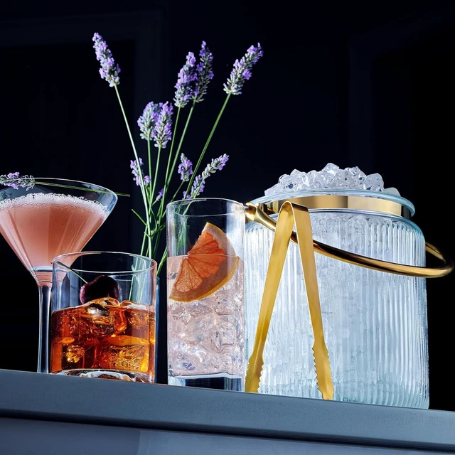 Alt view image 5 of 7 - Glass Ice Bucket with Airtight Lid, Tong Scooper and Handle - 3L Ribbed Beverage Tub Cocktail Home Bar Accessories, Wine, Beer Chiller for Parties, Champagne Drink Cooler Hinged Handles