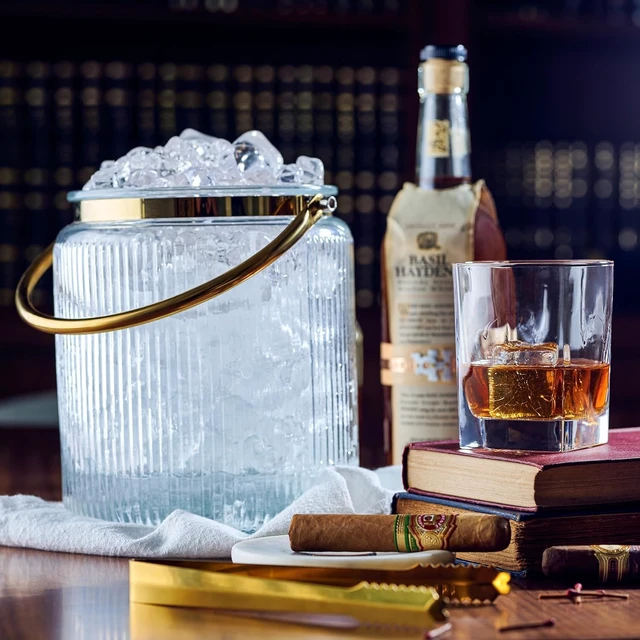 Alt view image 7 of 7 - Glass Ice Bucket with Airtight Lid, Tong Scooper and Handle - 3L Ribbed Beverage Tub Cocktail Home Bar Accessories, Wine, Beer Chiller for Parties, Champagne Drink Cooler Hinged Handles