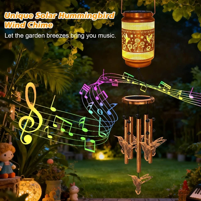 Alt view image 4 of 7 - Hummingbird Solar Wind Chimes for Outside, Gifts for Mom Women Grandma Birthday Memorial Teacher, 32" Windchimes Outdoor Decor Hanging Solar Lantern for Garden Porch Patio Backyard