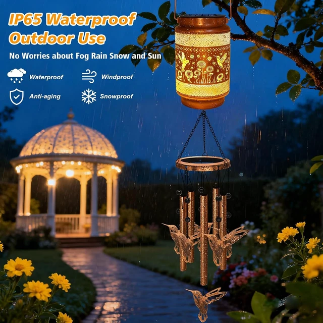 Alt view image 5 of 7 - Hummingbird Solar Wind Chimes for Outside, Gifts for Mom Women Grandma Birthday Memorial Teacher, 32" Windchimes Outdoor Decor Hanging Solar Lantern for Garden Porch Patio Backyard
