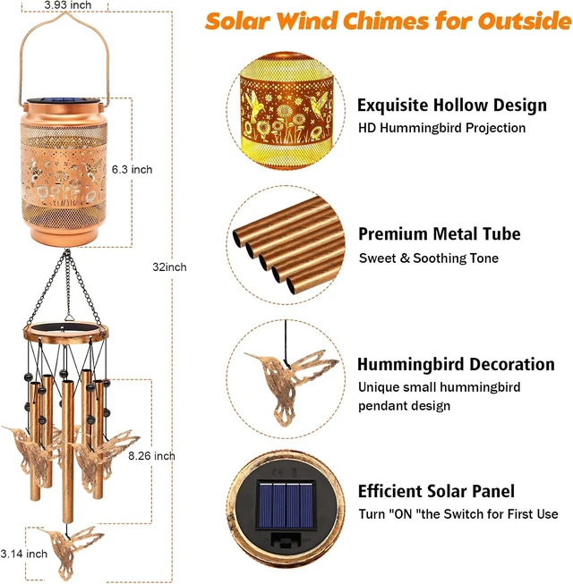 Alt view image 2 of 7 - Hummingbird Solar Wind Chimes for Outside, Gifts for Mom Women Grandma Birthday Memorial Teacher, 32" Windchimes Outdoor Decor Hanging Solar Lantern for Garden Porch Patio Backyard