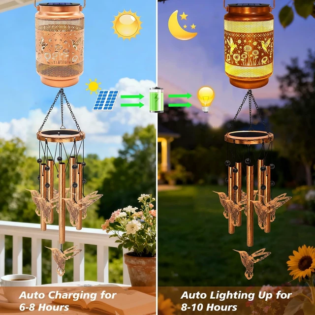 Alt view image 3 of 7 - Hummingbird Solar Wind Chimes for Outside, Gifts for Mom Women Grandma Birthday Memorial Teacher, 32" Windchimes Outdoor Decor Hanging Solar Lantern for Garden Porch Patio Backyard