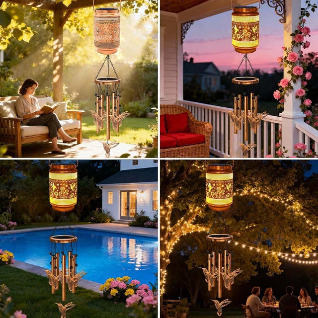Alt view image 7 of 7 - Hummingbird Solar Wind Chimes for Outside, Gifts for Mom Women Grandma Birthday Memorial Teacher, 32" Windchimes Outdoor Decor Hanging Solar Lantern for Garden Porch Patio Backyard