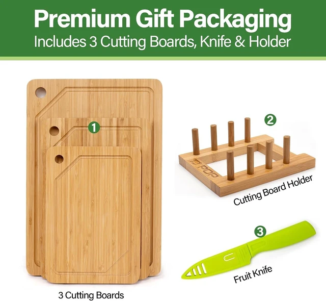 Alt view image 2 of 7 - Bamboo Cutting Board Set, 3-Piece Cutting Board with Stand & Hanging Hole