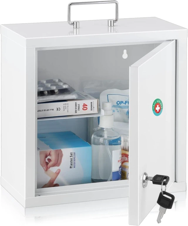Main image of Locking Medication Lock Box with Keys, Wall Mount, White