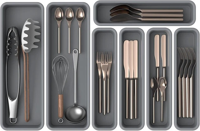Main image of 7 Pack Silicone Silverware Drawer Organizer, DIY Free Combination Kitchen Drawer Organizer, Utensil Organizer, Moisture-proof and Heat-resistant up to 200°C, Anti-slip Design (Grey)