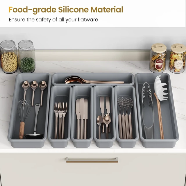 Alt view image 2 of 7 - 7 Pack Silicone Silverware Drawer Organizer, DIY Free Combination Kitchen Drawer Organizer, Utensil Organizer, Moisture-proof and Heat-resistant up to 200°C, Anti-slip Design (Grey)