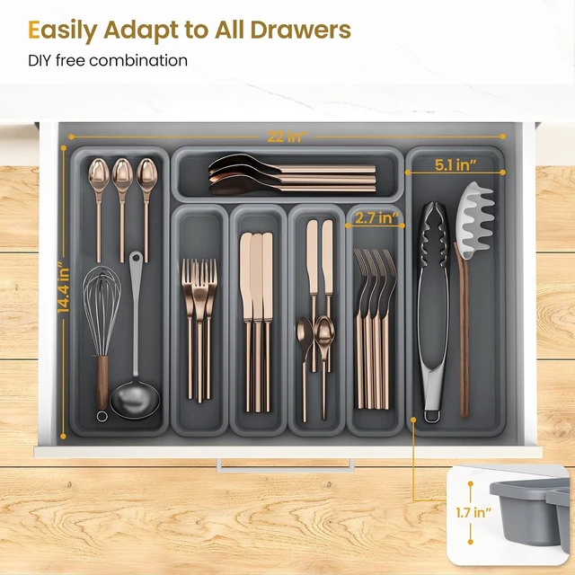 Alt view image 3 of 7 - 7 Pack Silicone Silverware Drawer Organizer, DIY Free Combination Kitchen Drawer Organizer, Utensil Organizer, Moisture-proof and Heat-resistant up to 200°C, Anti-slip Design (Grey)