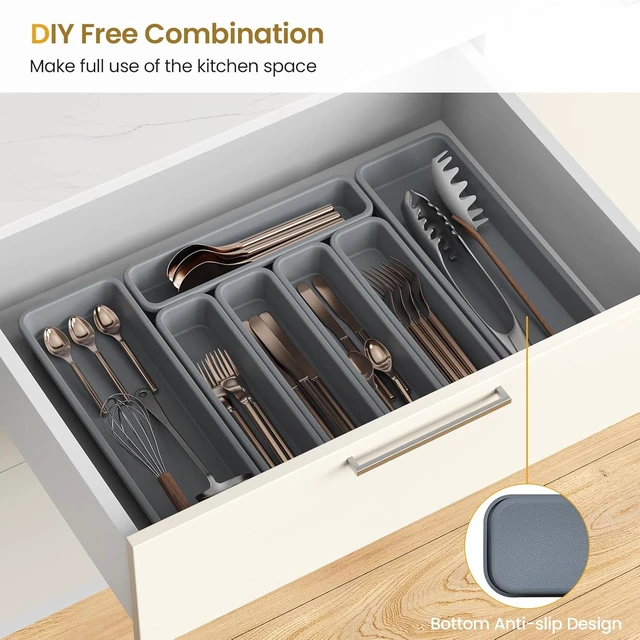 Alt view image 5 of 7 - 7 Pack Silicone Silverware Drawer Organizer, DIY Free Combination Kitchen Drawer Organizer, Utensil Organizer, Moisture-proof and Heat-resistant up to 200°C, Anti-slip Design (Grey)