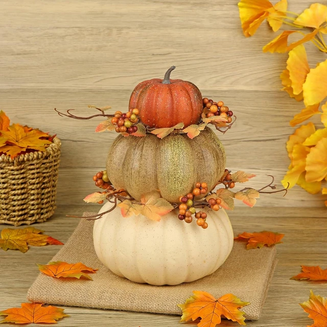 Alt view image 3 of 6 - Artificial Pumpkin Fall Décor - Autumn Table Centerpieces with Faux Berries, Maple Leaves, Stacked Pumpkins Halloween, Thanksgiving & Harvest Home Decoration
