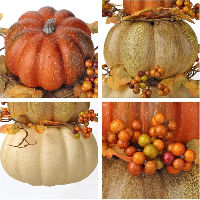 Alt view image 4 of 6 - Artificial Pumpkin Fall Décor - Autumn Table Centerpieces with Faux Berries, Maple Leaves, Stacked Pumpkins Halloween, Thanksgiving & Harvest Home Decoration