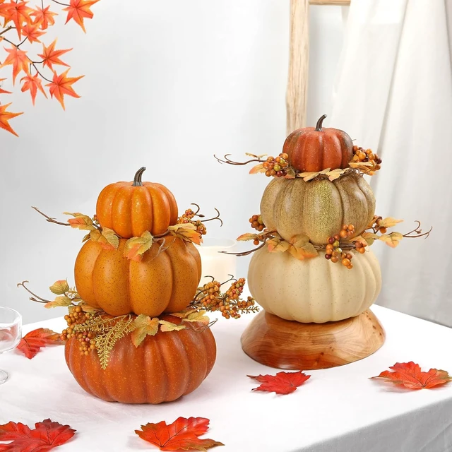 Alt view image 5 of 6 - Artificial Pumpkin Fall Décor - Autumn Table Centerpieces with Faux Berries, Maple Leaves, Stacked Pumpkins Halloween, Thanksgiving & Harvest Home Decoration