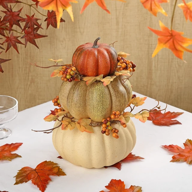 Alt view image 6 of 6 - Artificial Pumpkin Fall Décor - Autumn Table Centerpieces with Faux Berries, Maple Leaves, Stacked Pumpkins Halloween, Thanksgiving & Harvest Home Decoration