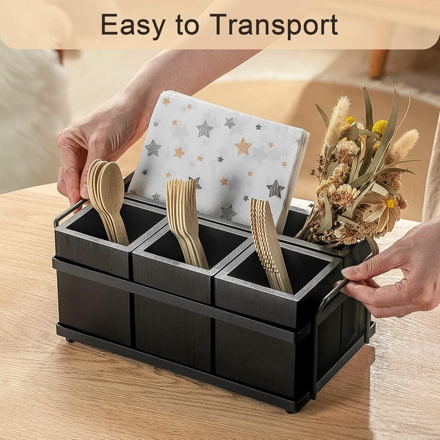 Alt view image 4 of 6 - Silverware Caddy Black Wood Silverware Holder Paper Plate Dispenser